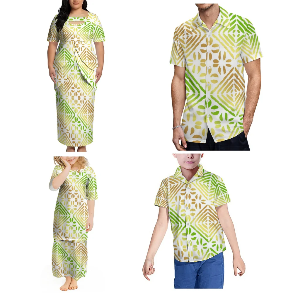 Conjuntos Familiares Personalizados de Alta Qualidade Estilo Samoa para Mulheres: Vestidos Puletasi e Camisas Masculinas - Roupas para Meninas e Menin