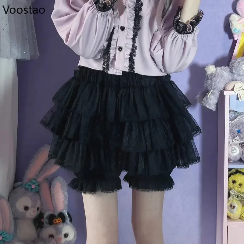 Sweet Lolita veiligheidsshorts roze meisjes Kawaii kant mesh ruches ondergoed Japanse Harajuku gotische boog elastische taille JK bloeiers