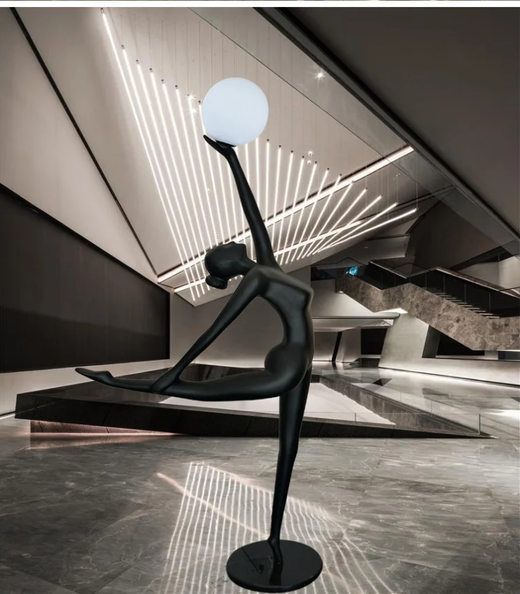 Creative Modern Designer Art Decoration Luxury Hotel Living Room Man Resin Fiberglass Sculpture Standing Handmade LED Floor Lamp