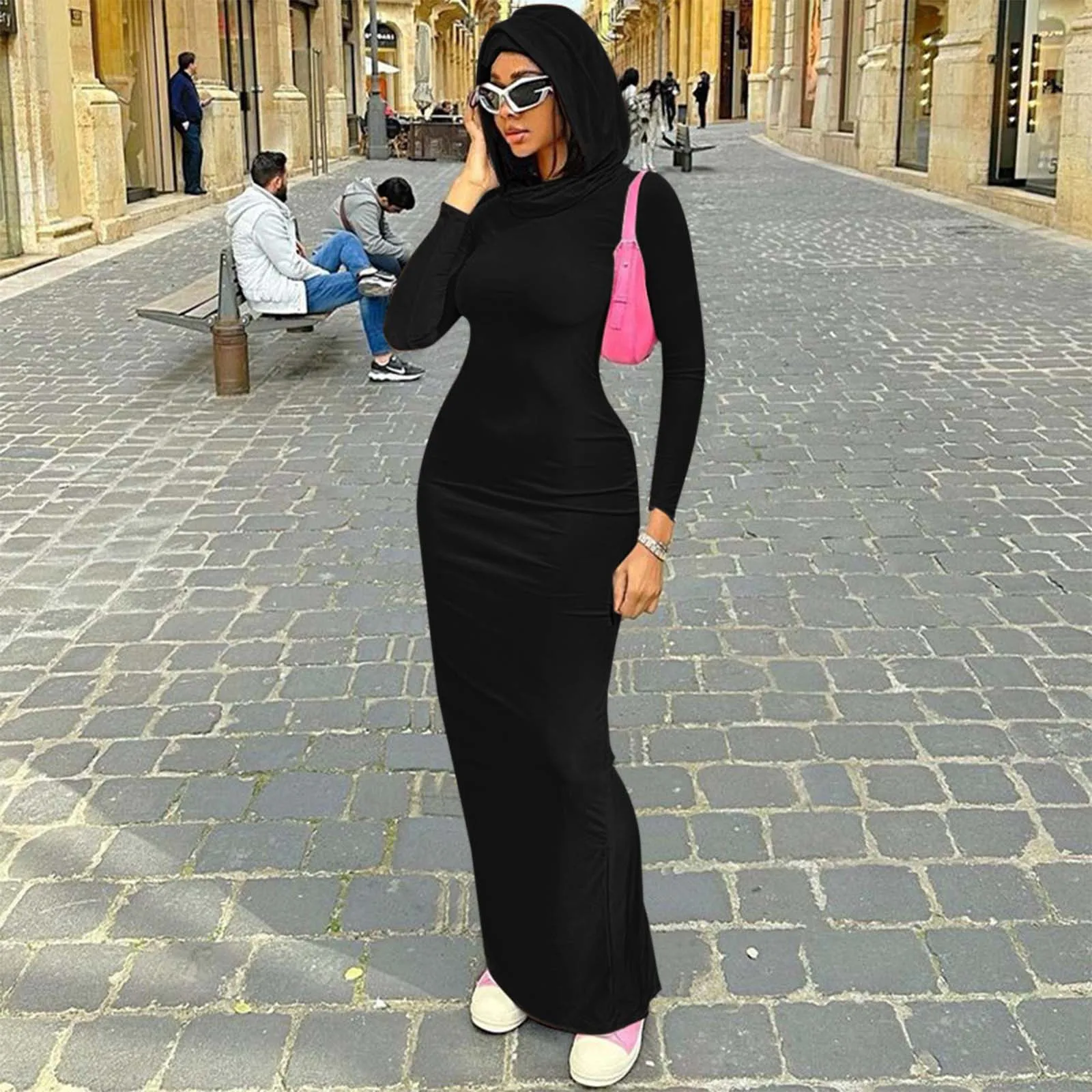 Female Elegant Solid O Neck Long Sleeve Ruched Slit Sexy Slim Maxi Prom Dress Spring Clothes Birthday Party Vacation 2024