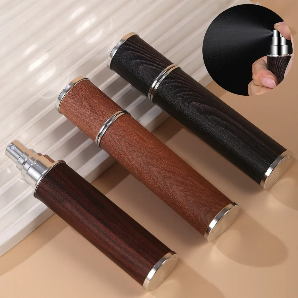 10ML Holzmaserung Leder Parfümzerstäuber Luxuriöser Tragbarer Nachfüllbarer Feinnebel-Sprühflakon Leerer Reisebehälter für Kosmetik und Mundpflege