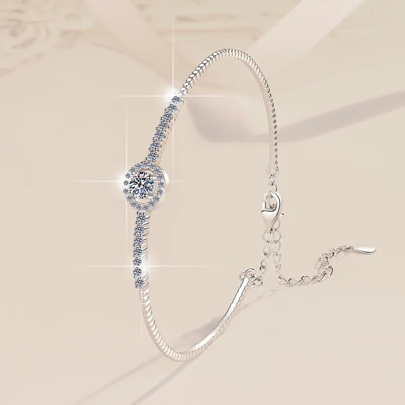 S925 sterling silver moissanite bracelet round simple atmosphere white women's exquisite daily bracelet