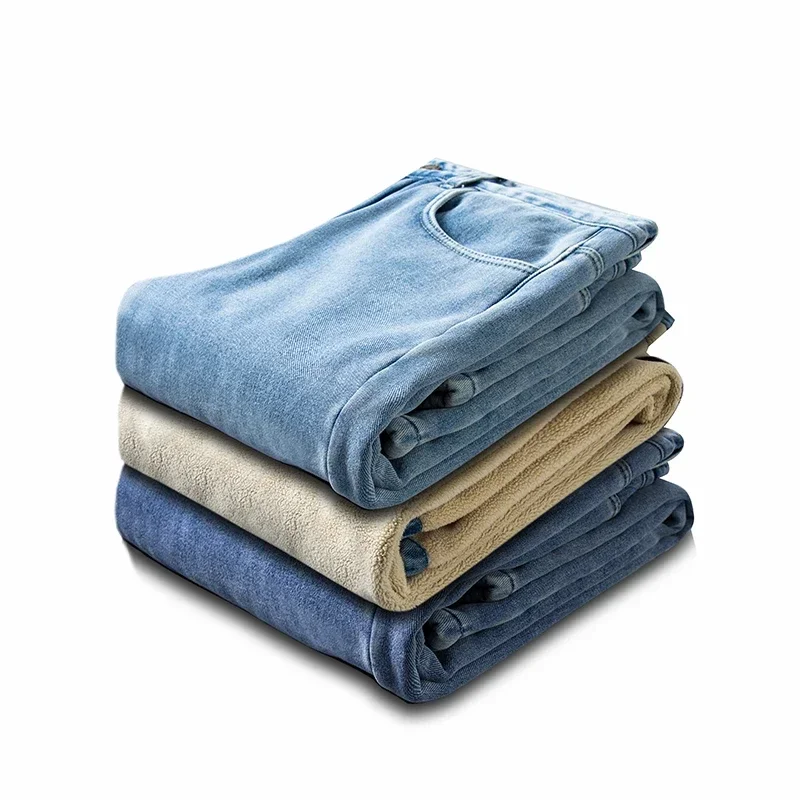 Calça jeans larga masculina de lã quente, elástico na cintura, jeans azul claro grosso, calças masculinas de perna larga, moda de rua, inverno