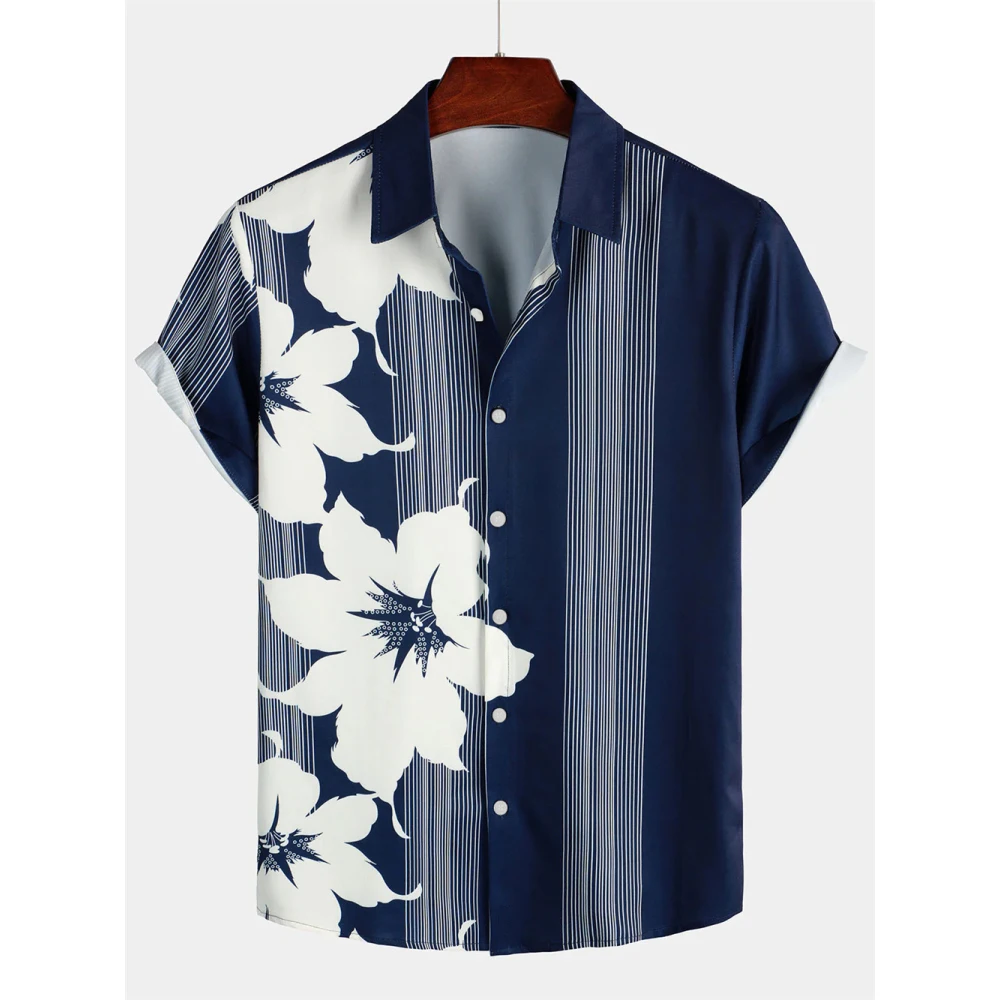 

Summer Stripes Floral 3D Print Vacation Blue Top Men's Summer Hawaii Beach Shirts Outdoor Party Men's Breathable Short Sleeve
