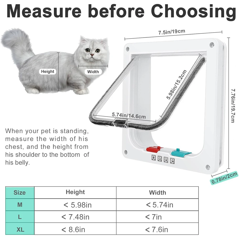 Dog Cat Door 4 Way Locking Cat Dog Flap Door for Interior Exterior Doors, Weatherproof Pet Door for Circumference