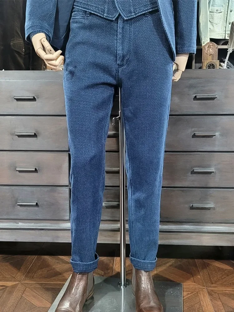 Amekaji estilo vintage azul calças masculinas de perna reta casual calças de boa qualidade