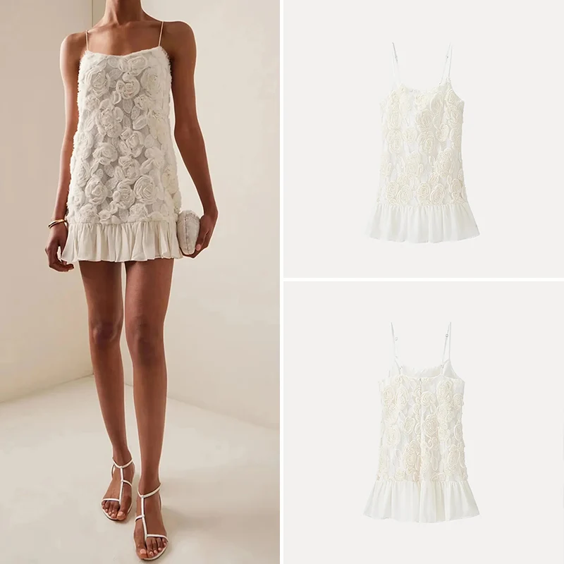 Spring 2025 New Women's Fashionable Floral Splicing Strapless Dress 3D Flowers Matching Atmosphere Sense Polyester Fiber 100%