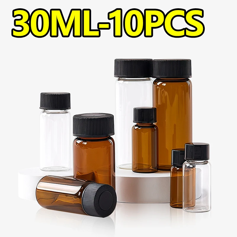 

30ml glass reagent bottle, transparent brown screw-top sample bottle, PE capped vial, 10 pcs