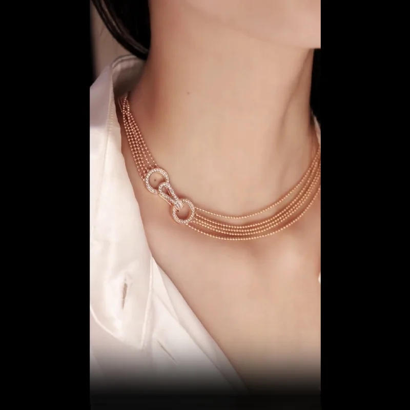 Bellux Luxury Design Fine Jewelry 925 Silver Synthetic Zircon Rose Gold Full Diamond Multi Layer Necklace