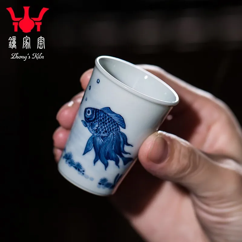 Zhongjia Kiln (Zhongg's Kiln) Zhongjia Kiln Ceramic Cup Jingdezhen Chai Kiln Blue and White Hand Drawn Happy Fish Fragrance-Smel