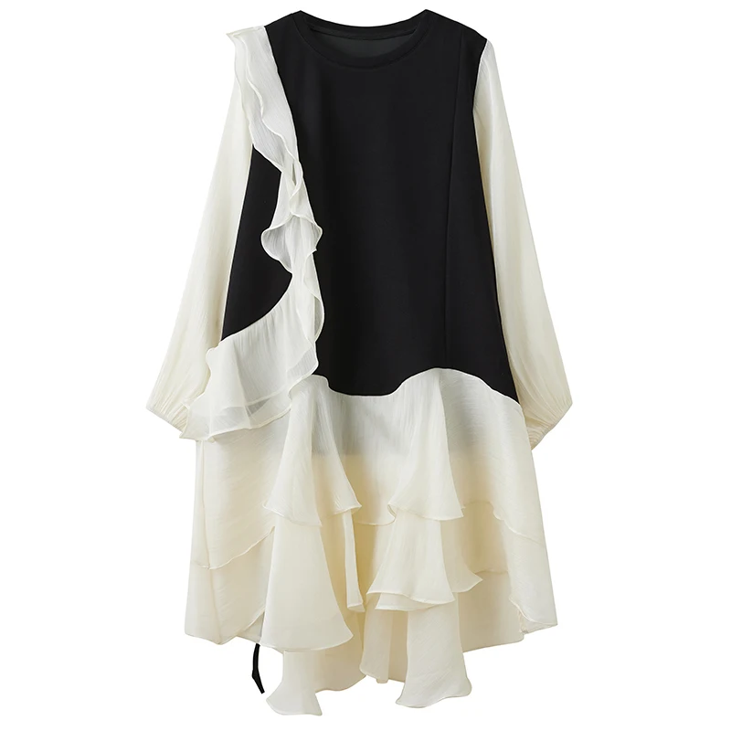 NYFS 2025 ربيع الخريف جديد فساتين النساء Vestidos رداء Elbise فضفاض حجم كبير غزل الزجاج المرقعة غير النظامية الكشكشة فستان طويل