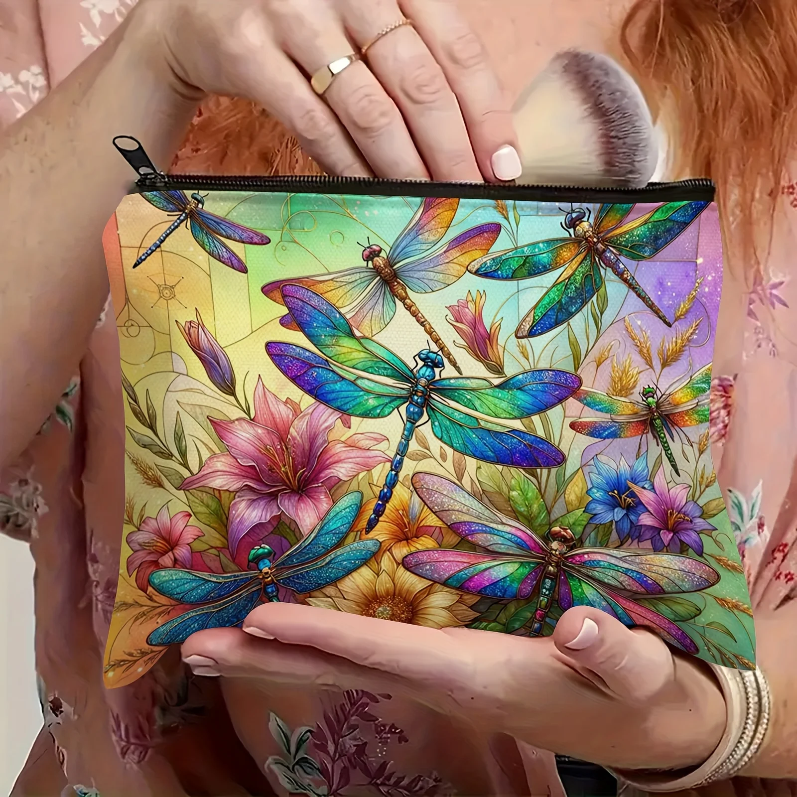Colorful Dragonfly Makeup Bag | Hypoallergenic Cosmetic Pouch with Floral & Insect Design, Travel-Friendly Organizer
