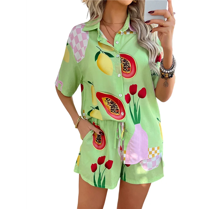 AOAO-Женская мягкая летняя футболка с тропическим принтом и v-образным вырезом, топ на пуговицах с короткими рукавами, шорты, комплекты из 2 предметов