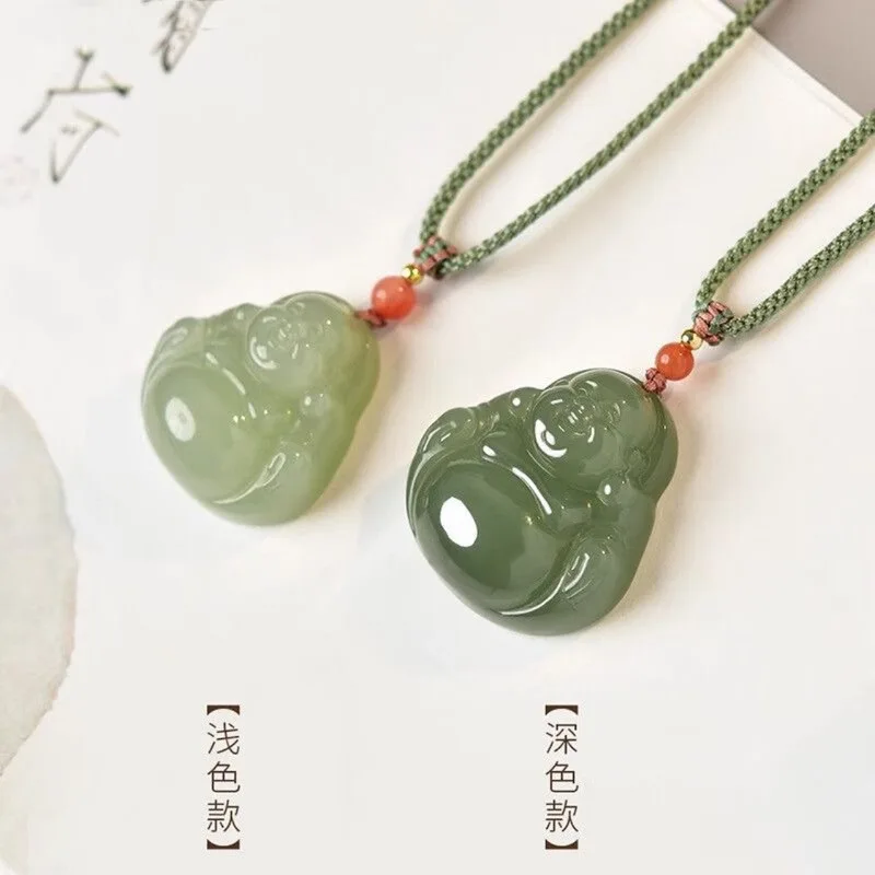 Xinjiang Hotan for Women, Natural Jadeite, Translucent Laughing Maitreya Buddha Jade Pendant Necklace