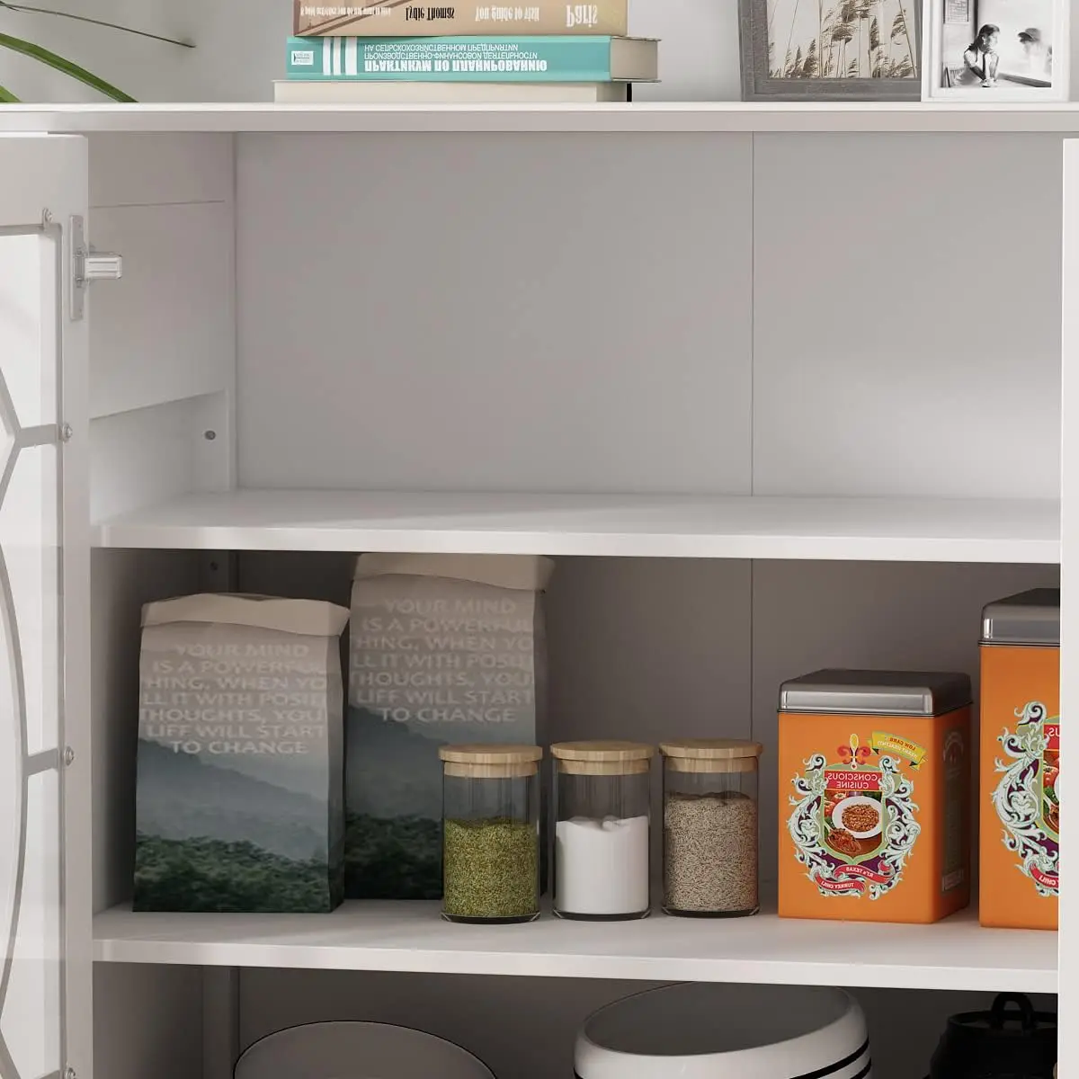 Kitchen Storage Cabinet Sideboard, Buffet Server Table w/Height-Adjustable Shelf & 4 Glass Doors