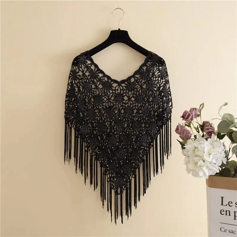 Spring Summer Hollow-out Tassel Mesh Capes Sunscreen Pullover Handmade Lace Shawl Lady Cloaks Sandy Beach Poncho Black