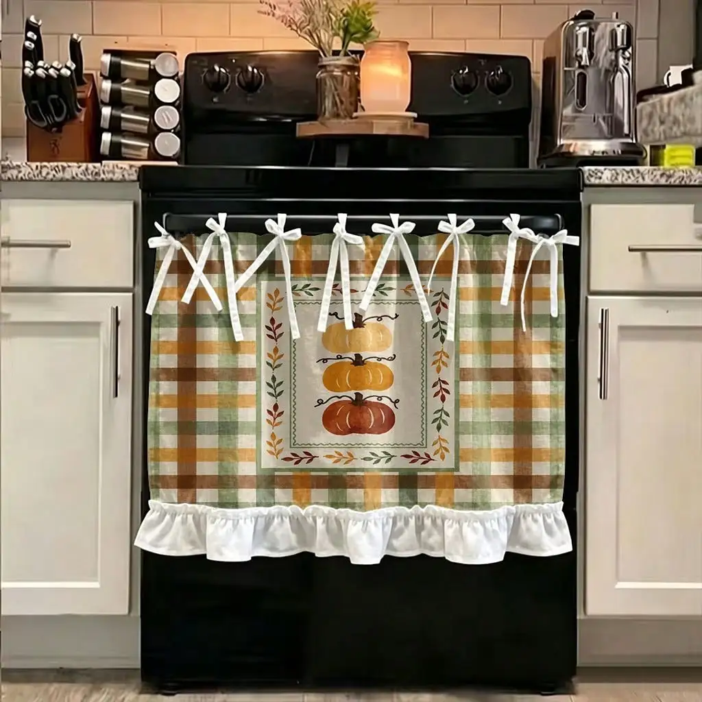 2D Flat, 1pc Farmhouse Fall Harvest Kitchen Stove Oven Valance, 2D Print Stacked Pumpkins Autumn Plaid Pattern Autumn Home Decor Curtain for Dishwasher Microwaves Cabinet Kitchen Sink, Festival Gift, Makes a Great Addition to Thanksgiving Family