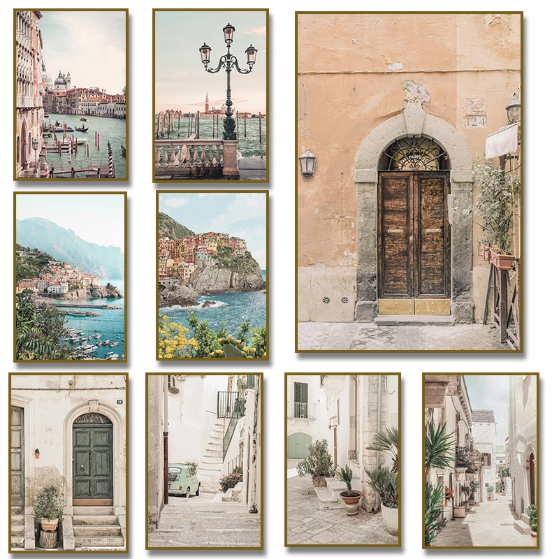 Italy Venice Sunset Coastal Village Mediterranean Street Green Door Travel Poster Canvas Painting Print Wall Art Room Home De