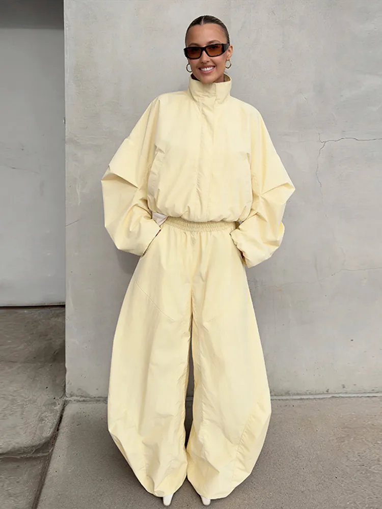 Stehkragen Langarm Oversize-Oberteil und Hosen-Set für Damen, Streetwear mit Taschen, Lockere Mäntel, Hosen mit Elastischem Bund, Schickes Damen-Outfit, Neu – Detail 11