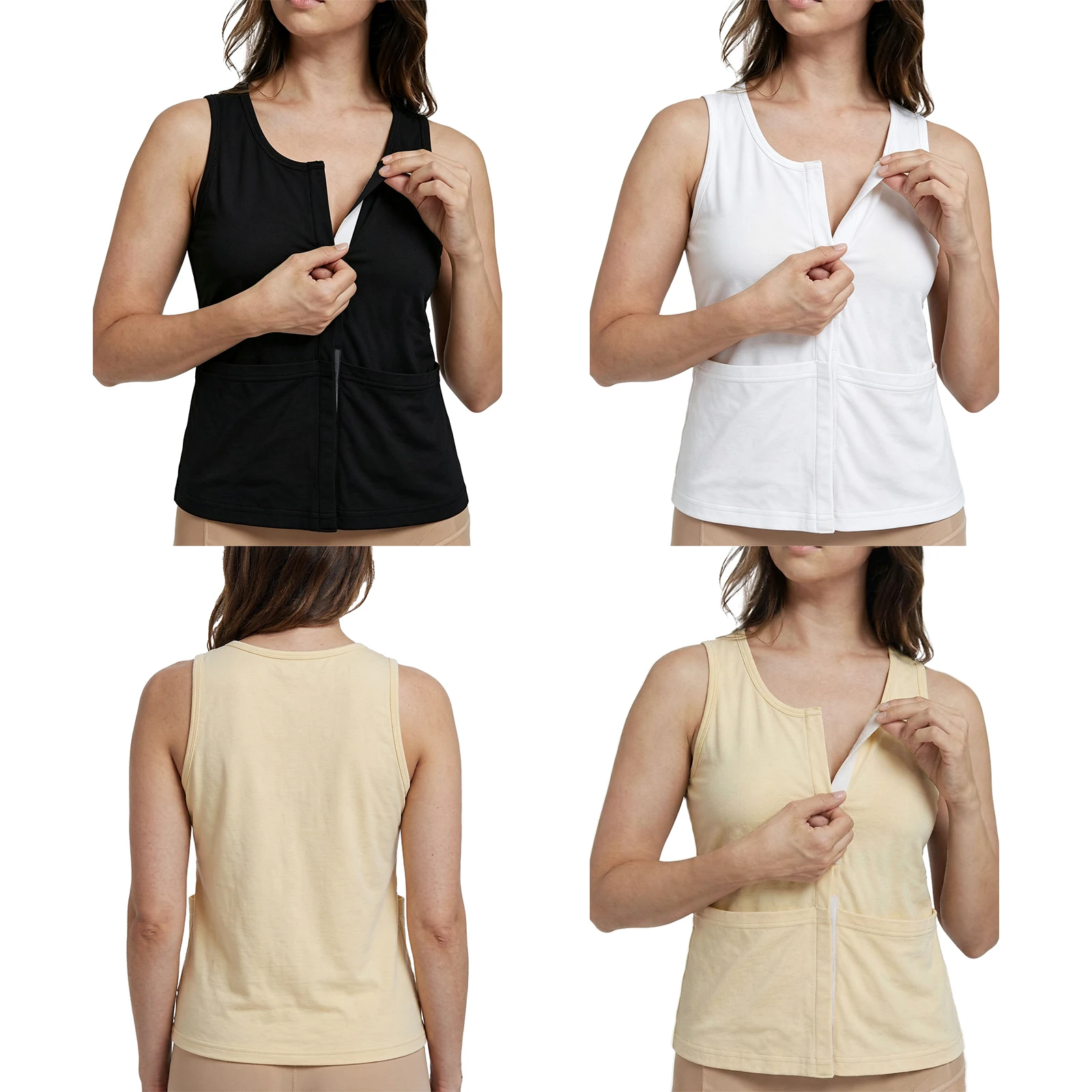 Womens Postoperative Recovery Vest Sleeveless Hook-and-loop Closure Tank Top with Pockets for Hospital Home Nursing