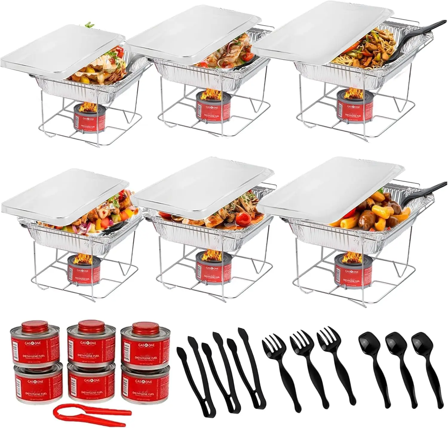 

6-Pack Disposable Chafing Dish Set, Half-Size Pans with Fuel Cans for Party Buffets and Food Warming