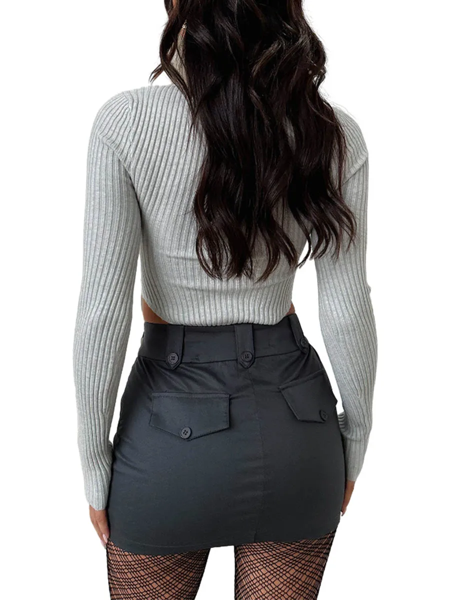 Women V-Neck Twist Front Long Sleeve Crop Top Slim Fit Pullover Sweater with Asymmetrical Hem