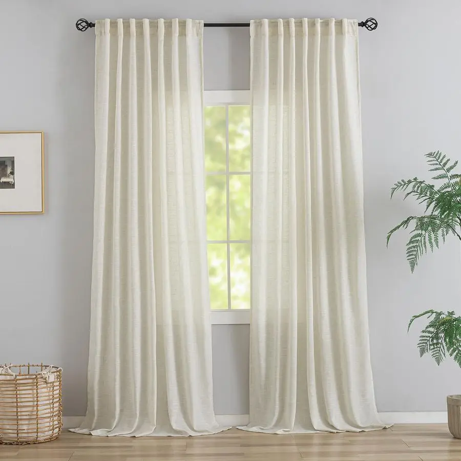 

Длинные льняные шторы для гостиной, 1 пара, с креплением на петлях, в нейтральном фермерском стиле, полупрозрачные, светопропускающие, в стиле бохо, из льна, цвет светло-серый.