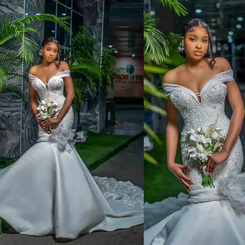 

Exquisite Mermaid Wedding Dresses V Neck Off Shoulder Bridal Gowns Crystals Beaded Plus Size Customized Vestido De Novia