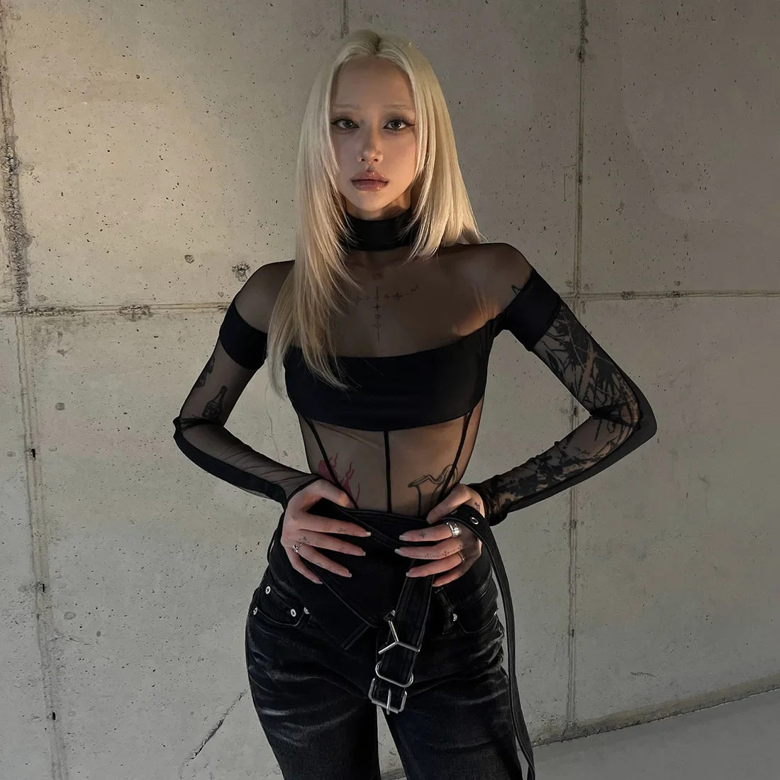 IMU Sexy See Through Bodysuit Women Dark Gothic Streetwear Emo Alternative Grunge Y2k Long Sleeve O-neck High Waist Jumpsuit