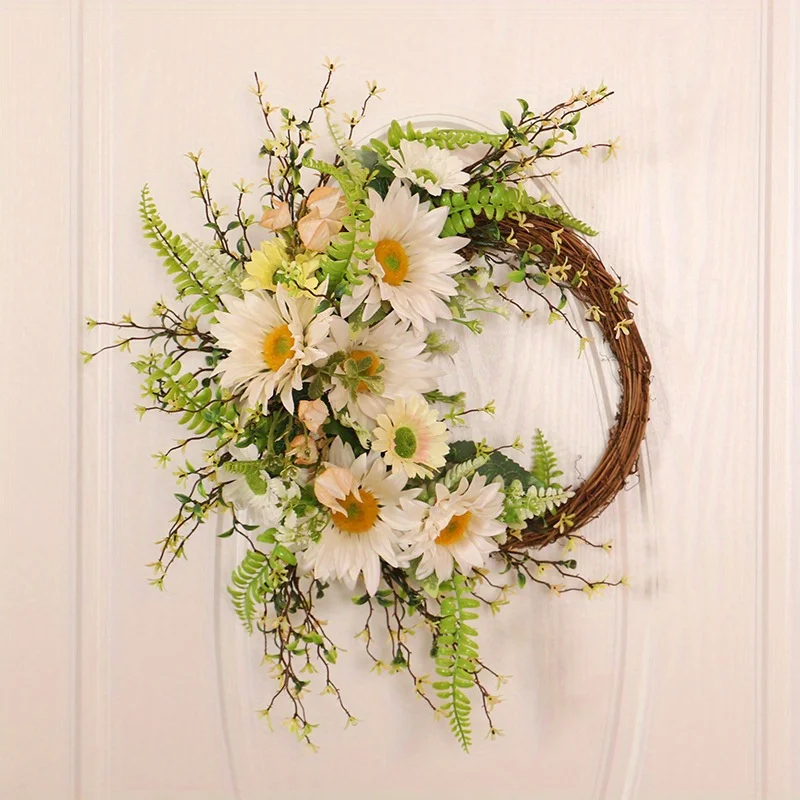 

1 Pc Artificial Wreath Sunflowers Fern Leaves Dried Vines Party Wreath Artificial Flowers Summer Decorative Wreath Front