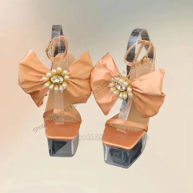 

Orange Bow Knot Crystal Flower Clear Platform Sandals Ankle Buckle Strap Women Shoes Chunky High Heels 2023 Zapatos Para Mujere