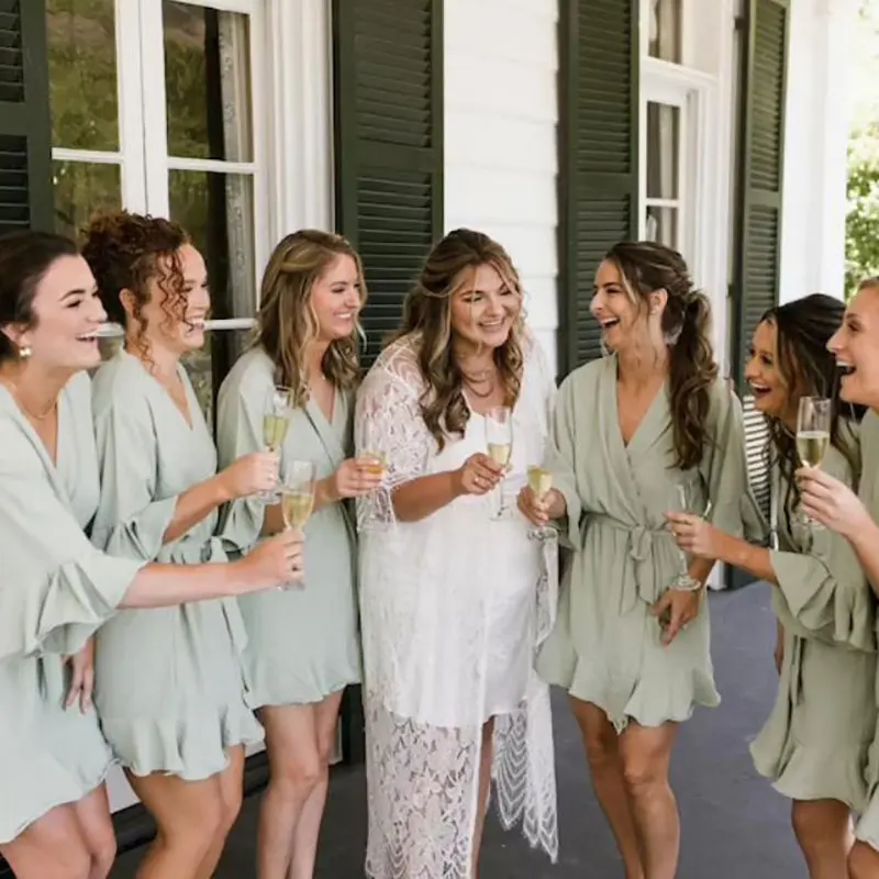 Sage Ruffle Robe Set Of Bridesmaid Robes Bridal Party Kimono Gown Bridesmaid Proposal Gift Wedding Clothes Solid Color Gown Robe