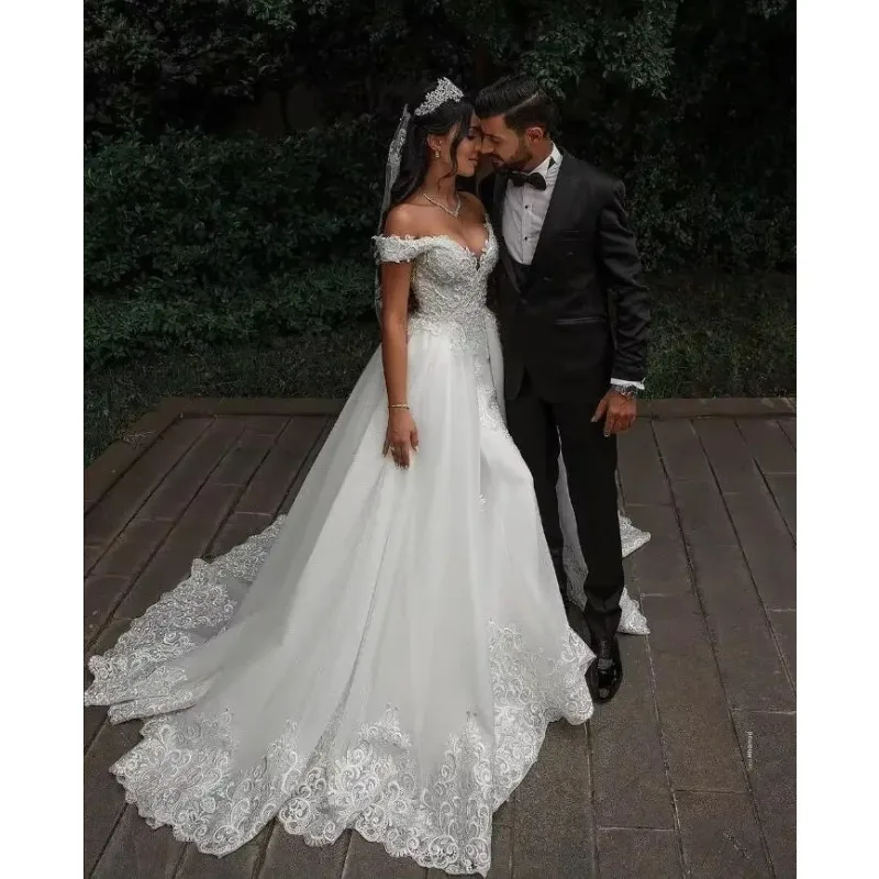 Robes de mariée sirène personnalisées en dentelle, avec traîne détachable, épaules dénudées, avec des appliques, vêtements de mariage Vintage