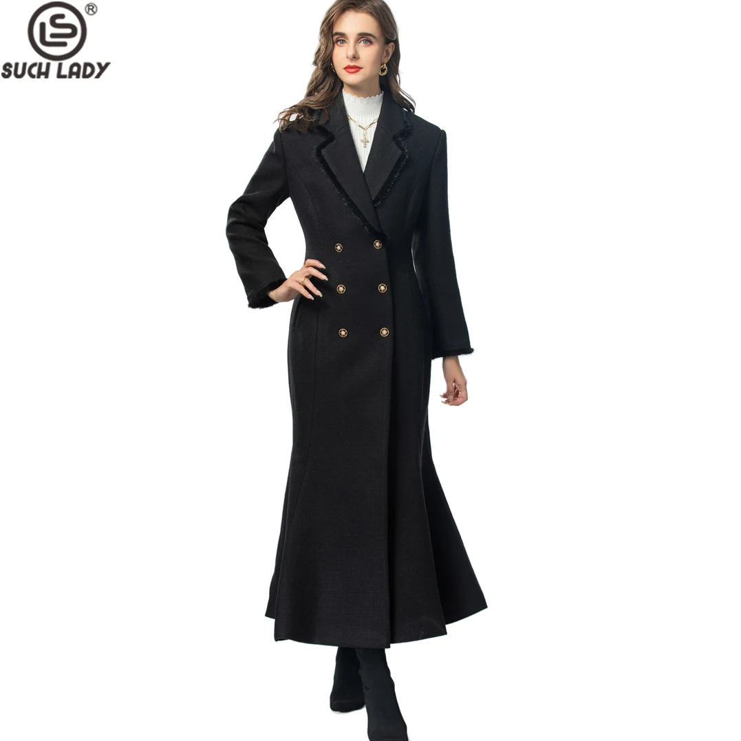 

Women's Long Coats Notched Collar Ruffles Mermaid Elegant Woolen Trech Outerwear