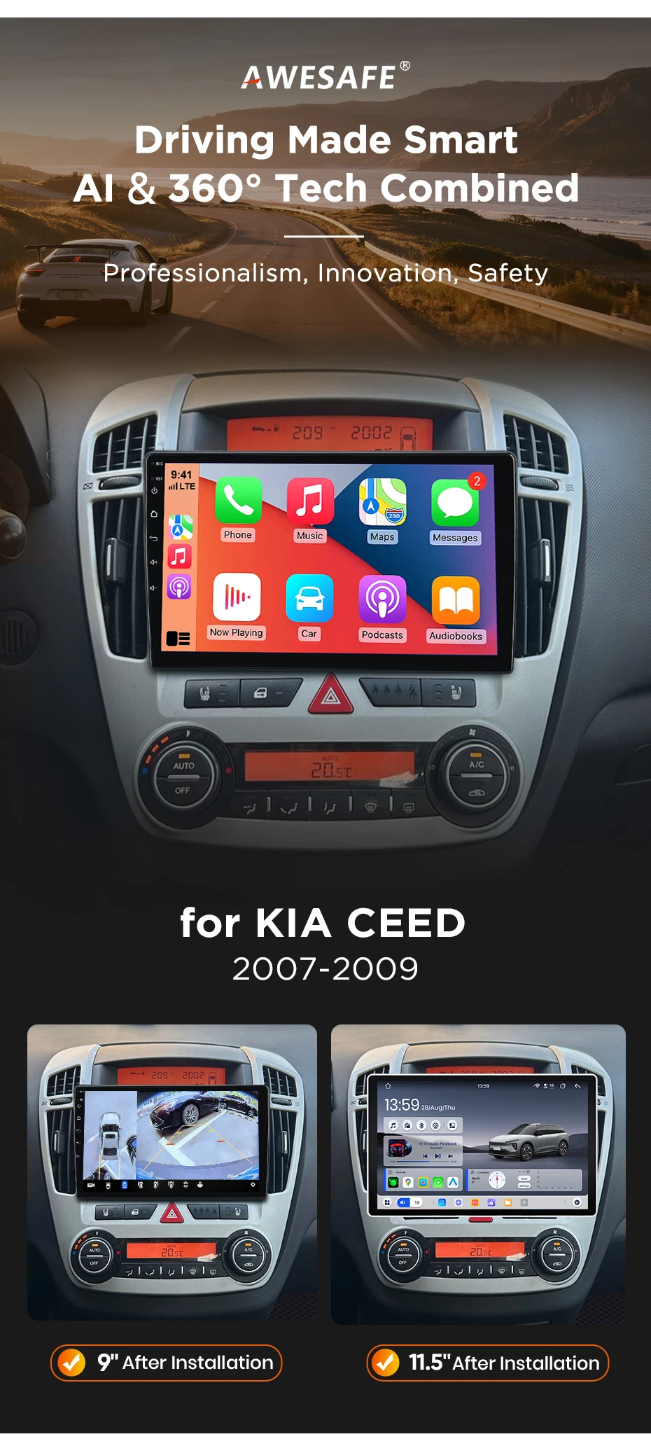 AWESAFE 9-Zoll-Android-Radio für KIA CEED 2007-2012, kabelloses CarPlay & Android Auto, GPS-Navigation, Multimedia, Unterstützung für Lenkradsteuerung, Subwoofer, Verstärker, Rückfahrkamera, EU Plug-and-Play, DAB+, digitales Autoradio, 2-DIN-Autoradio, Stereo, RDS, DSP, FM, WIFI, 4G, BT – Detail 5