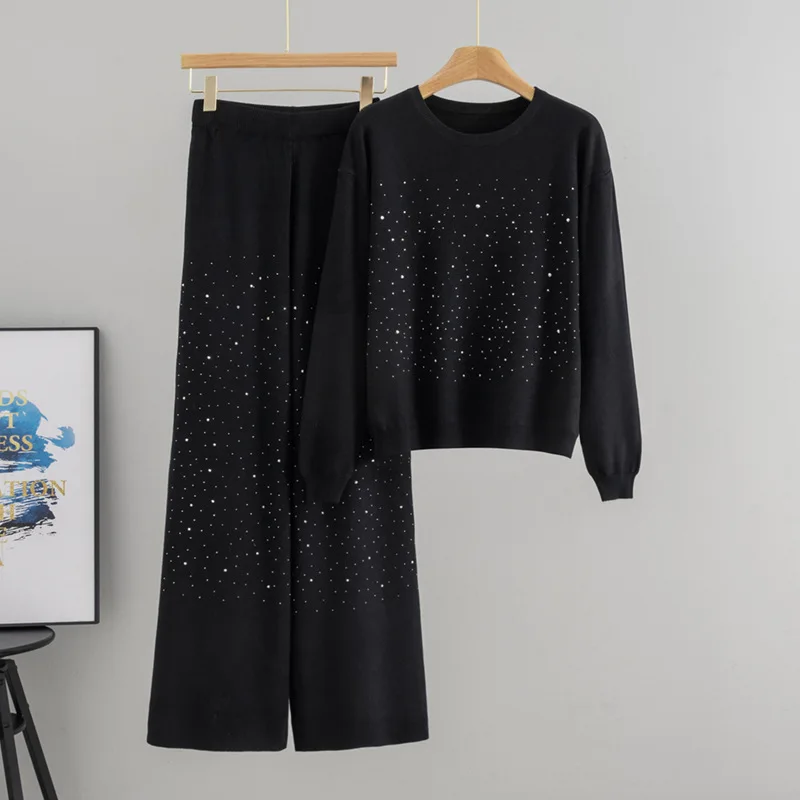 

ALPHALMODA 2025, хрустальные звезды, свитер + брюки, женские модные костюмы из 2 предметов, ранняя осень, женские, классический наряд