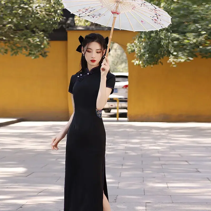 فستان BlackCheongsam على الطراز الصيني فستان نسائي عتيق أنيق من الدانتيل لحفلات رأس السنة الجديدة فساتين تشيباو للسيدات فساتين صيفية ضيقة