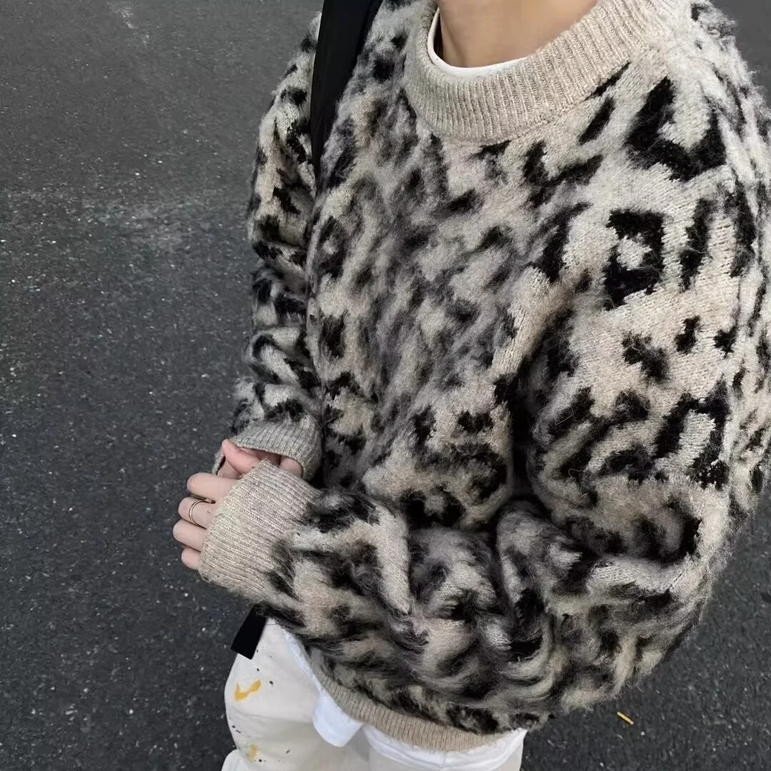 

Свободный мужской вязаный свитер круглого цвета Ne с леопардовым принтом, цвет блузки, большой размер 300, Pou Lazy Sle Street High Faion Sen...