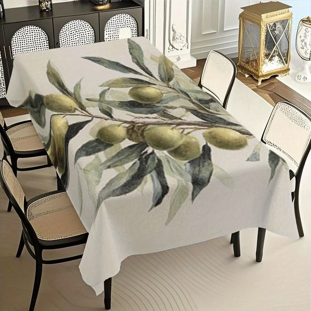 2D Printed 59X59In/150X150Cm Olive Branch Tablecloth with Olives And Leaves - Washable Rectangular Table Cover Suitable for Indoor/Outdoor Use, Mediterranean Dining Decor, Holiday Parties And Olive-Themed Events