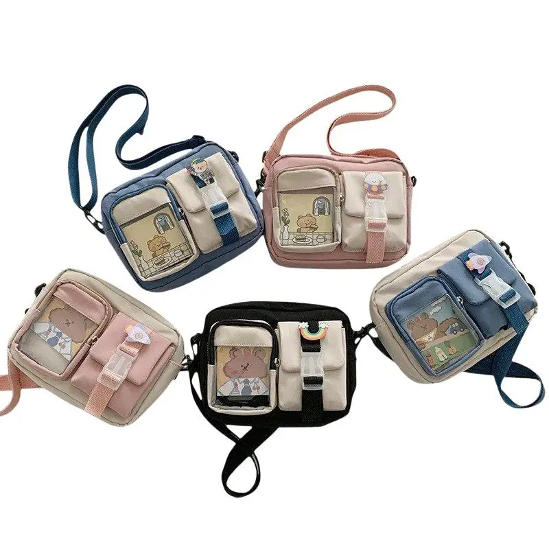 Kawaii Small Nylon Purse Transparent Multi Pockets Crossbody Design Adjustable Strap Cute Bag for Girls Students Daily Use
