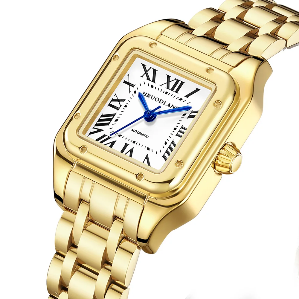 HRUODLAND Women's Square Automatic Watch 27mm Panther Style Watch Mechanical Sapphire Crystal 316L Stainless Steel Bracelet