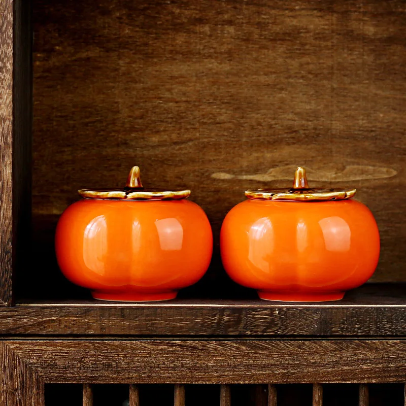 Persimmon Ceramic Tea Canister Storage Jar Gift Box Good Fortune