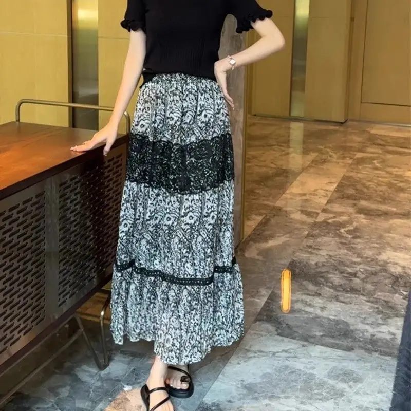 

Retro Lace Splicing Animal Pattern Half Skirt Slimming Low Waist Spicy Girl Long Skirt