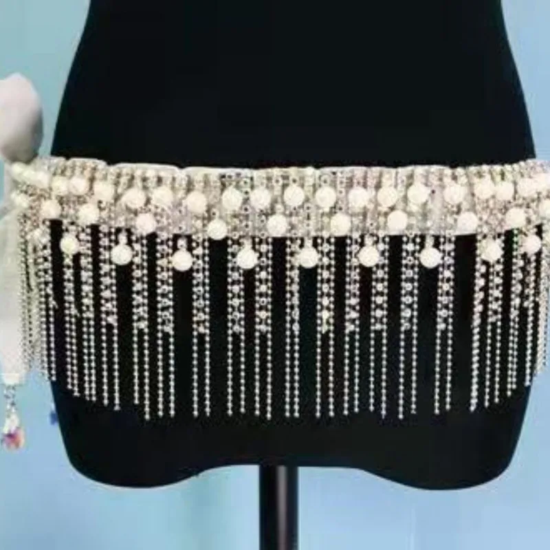 

customized Hand sewn pearl belly dance belt performance waist chain colored diamond Latin clothing accessories