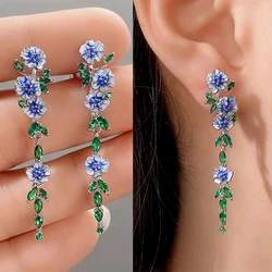 Luxury Romantic Enamel Flower Earrings Women Elegant Delicate Blue Trumpet Flower Long Aesthetic Earrings Wedding Party Gift New