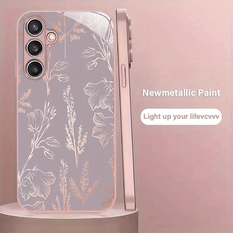 Gold Botanical Sketch Glass Phone Case for Samsung Galaxy S26 S25 S24 S23 S22 S21 Ultra FE Plus Anti-Drop Glossy Hard Shell