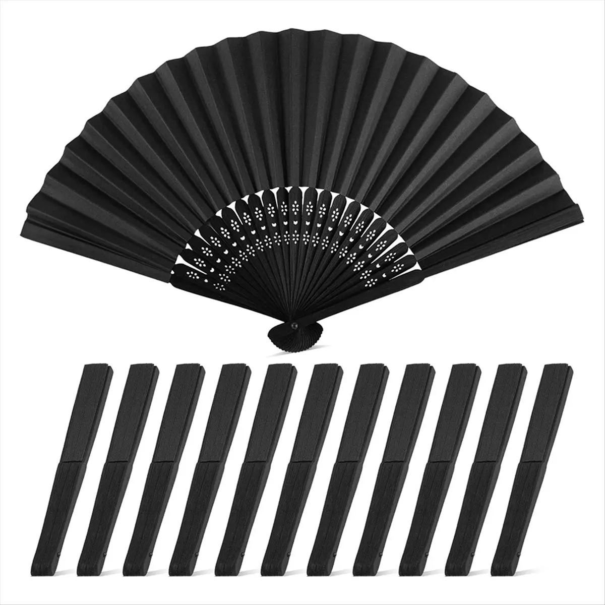 ABJS Decorative Hand Fan Foldable, 12PCS Black Folding Line Dance Popping Paper Fans Handheld Chinese Style Crafts