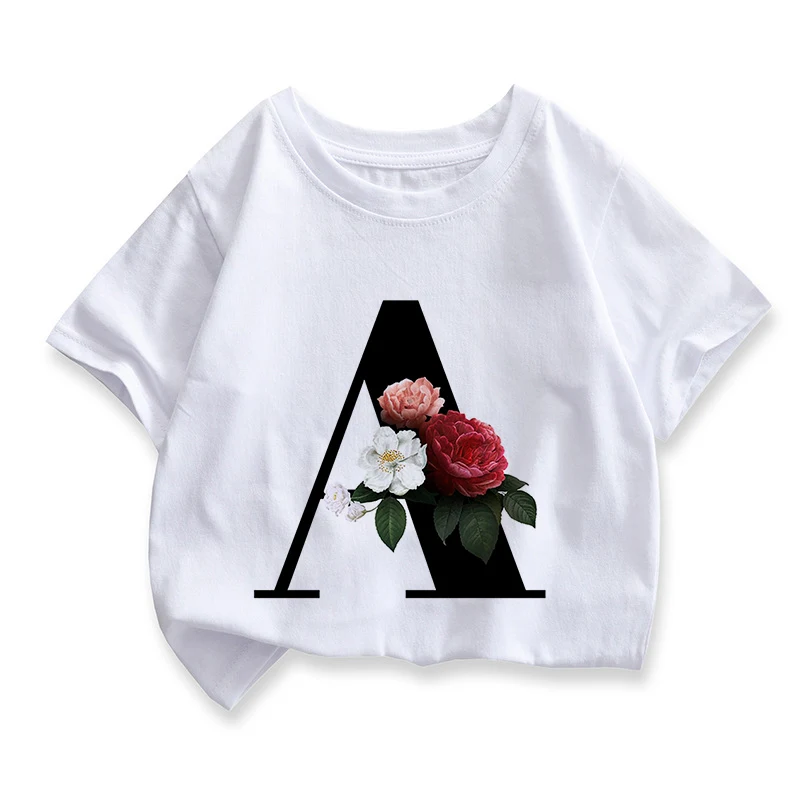 Summer  Vintage Flowers Letter A B C D Children T-shirt Kawaii  T Shirt  Harajuku Casual Clothes Kid Girl Boy Short Sleeve Tops