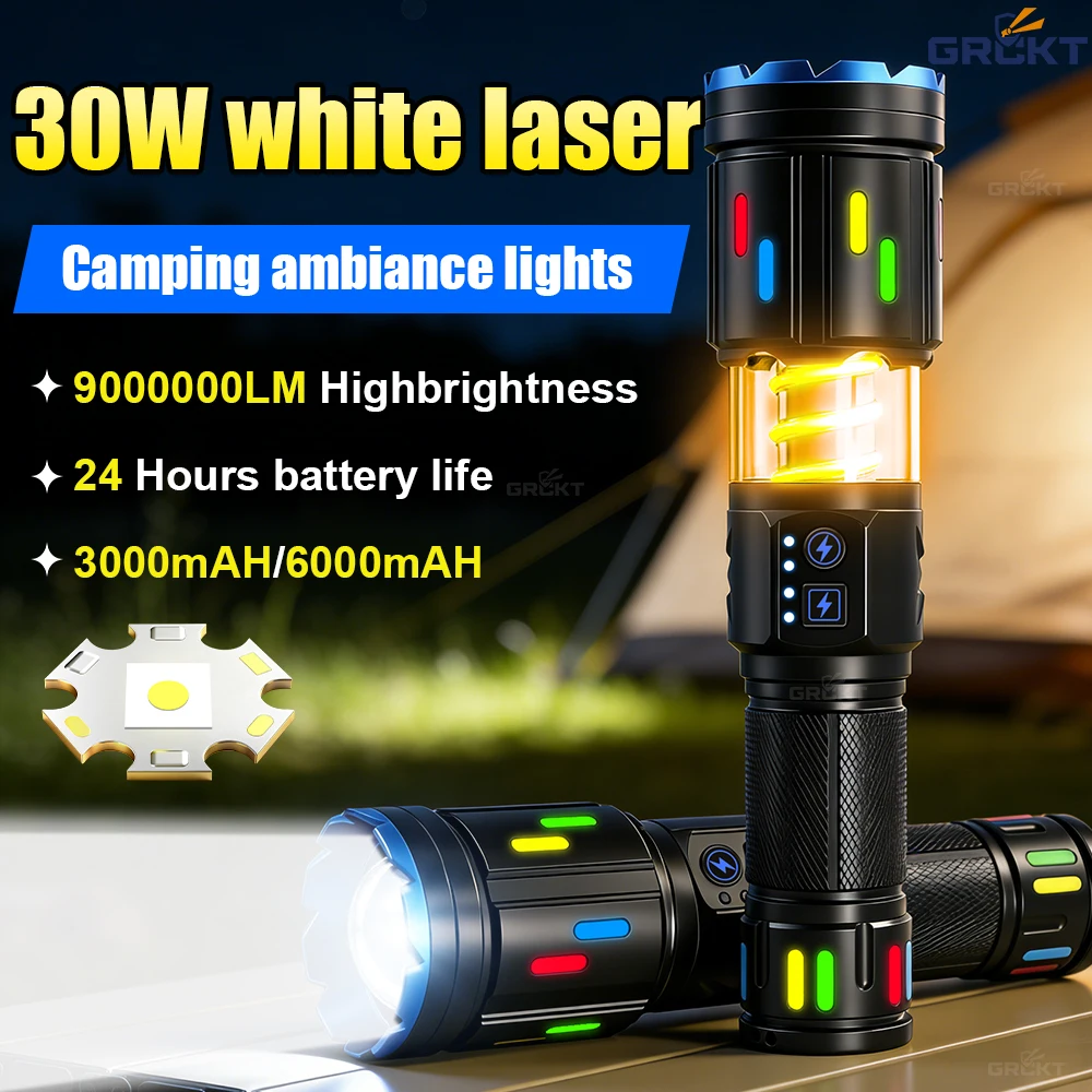 30W Ultra Powerful Flashlight Aluminium USB C Rechargeable Torch 18650 LED Torch Outdoor Waterproof Strong Light Camping Lantern