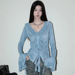 Korean Blue Flare Long Sleeve Women Shirt Lace Up Ruffles Chic Ladies Blouse Folds Button V Neck Fashion New Female Crop Top